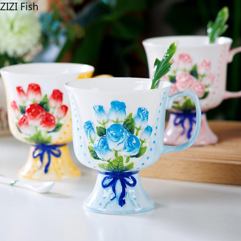 Enamel Rose Relief Cup&saucer Porcelain Coffee Mug Dining Table Flower Decorative Mugs Afternoon Tea Teacup Fruits Juice Cup