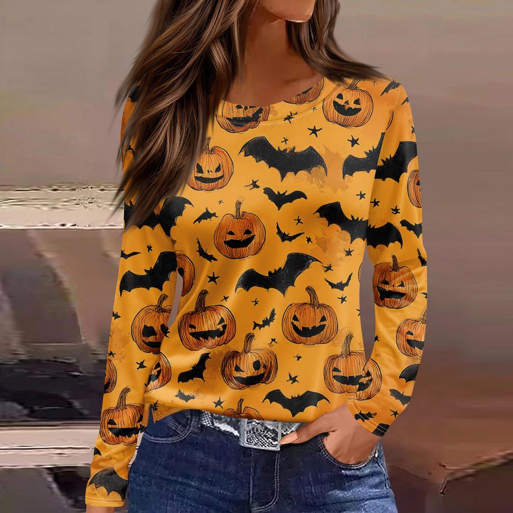 Women's Fashion Hem Slit Casual Halloween Printed Round Neck Long Sleeve Top