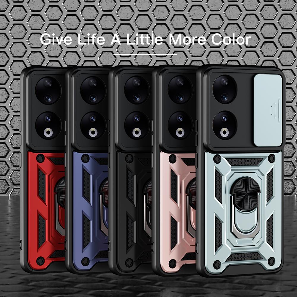 KEYSION Shockproof Case for Honor 90 5G 90 Lite 5G Slide Camera Lens Protection Ring Stand Phone Cover for Huawei Honor 70 Lite