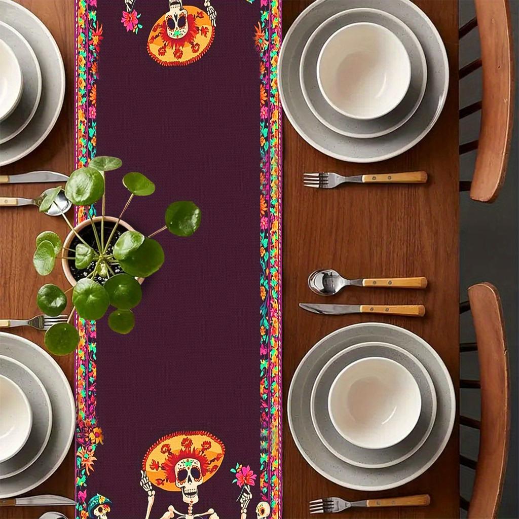 Mexican Colorful Skulls Flower Day of The Dead Linen Table Runner Home Decor Día De Los Muertos Table Runners Fiesta Party Decor