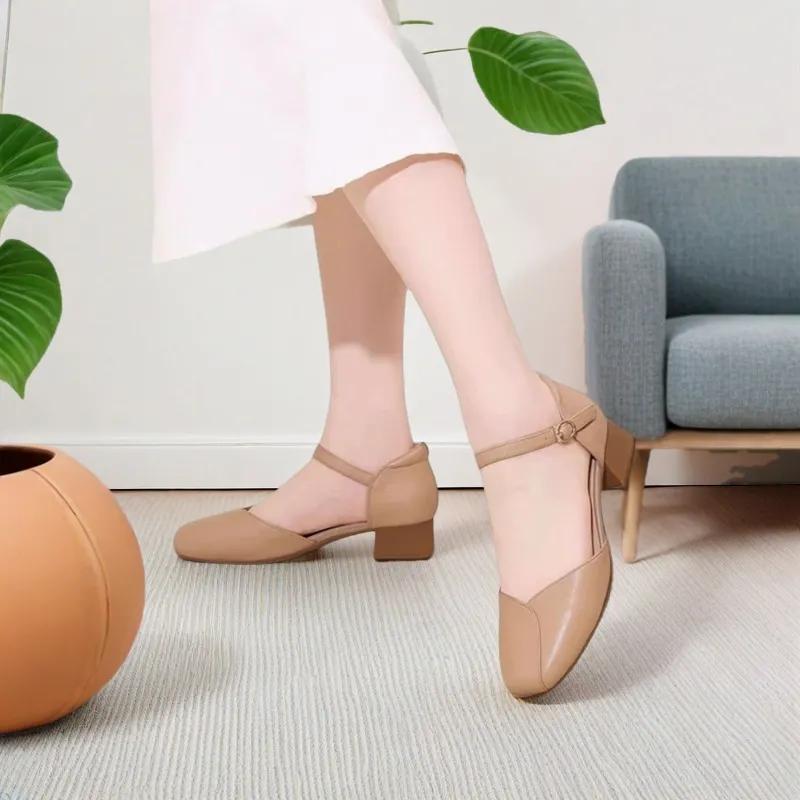 women fashion sweet beige buckle strap high quality office pumps lady casual brown spring summer heel shoes ab643