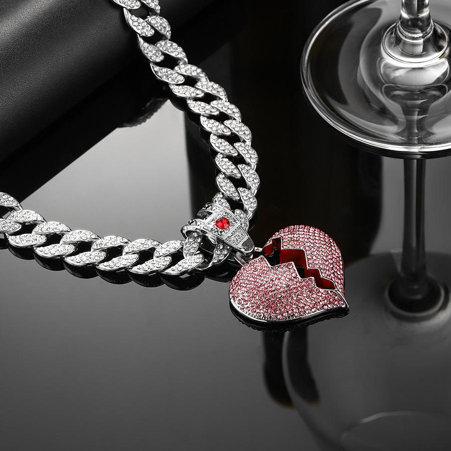 Trend, Full Diamond Pink Hearts Oil Pendant Necklace Fashion Love Necklace Jewelry Unisex