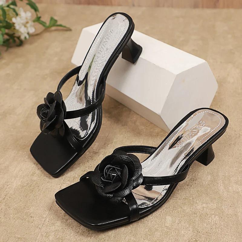 Fashion Silver Flower Decor High Heel Slippers for Women 2025 Summer Thin Heeled Square Toe Sandals Woman Fashion Party Sandalias Mujer