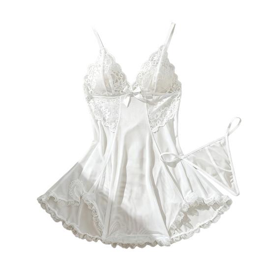 Plus Size Sexy Babydoll Nightdress for Women, V Neck Lace Sheer Mesh Nightgown, Spaghetti Strap Chemise Slip Dress with Thong
