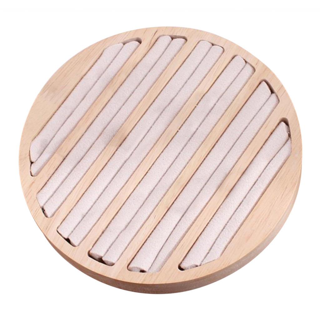 Round Wooden Jewelry Showcase Ring Display Tray Organizer White Leather