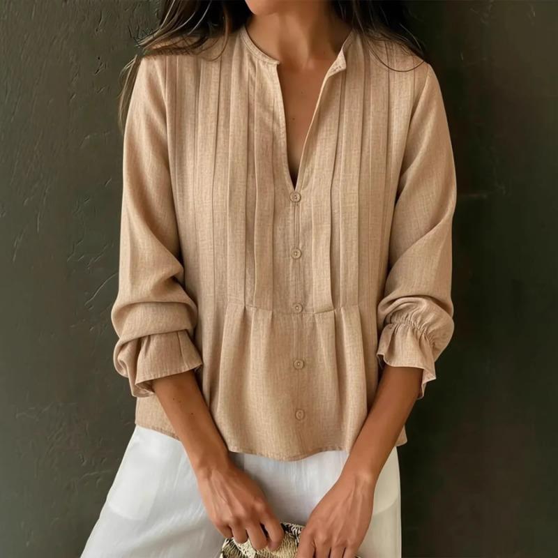 Spring and Summer New Women's Casual Solid Color V-neck Long-sleeved Cotton and Linen Shirts for Women