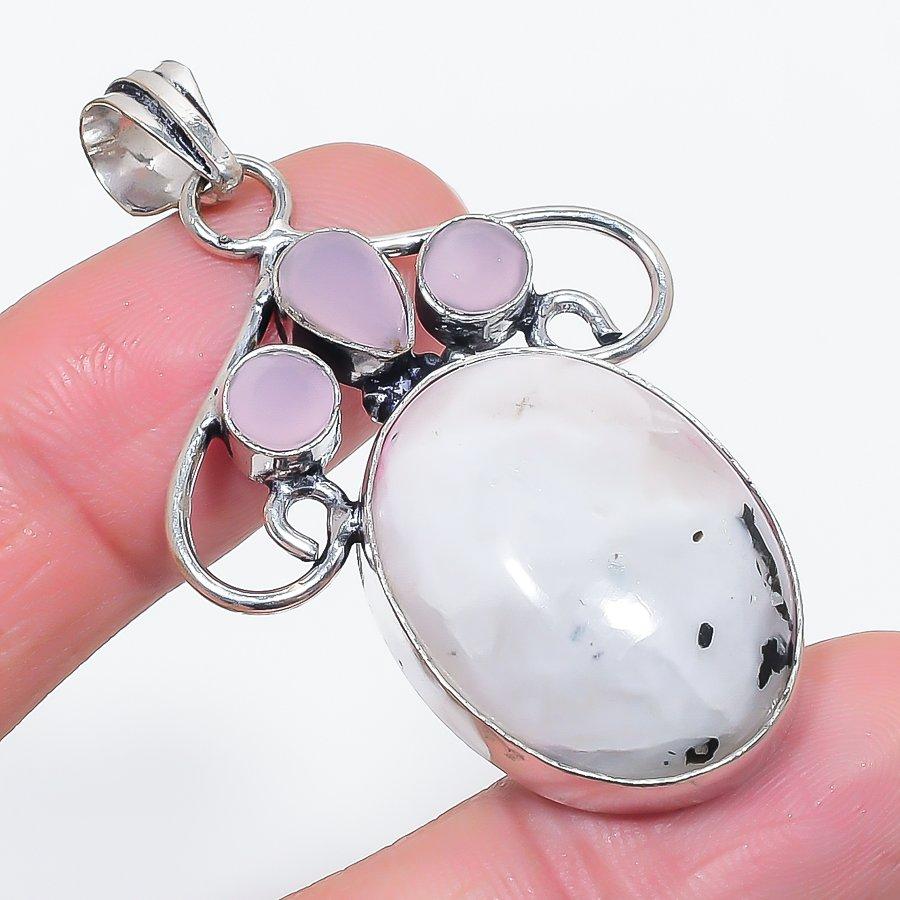 Natural Moonstone, Chalcedony 925 Sterling Silver Jewelry Pendant 2.21" U5t80