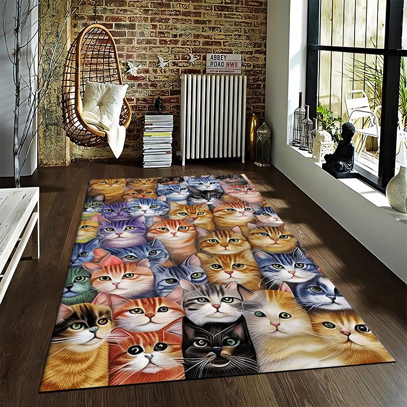 Colorful Cartoon Cat Faces Pattern Printed Carpet for Home Decor Suitable for use as an anti-slip for living room bedroom sofas