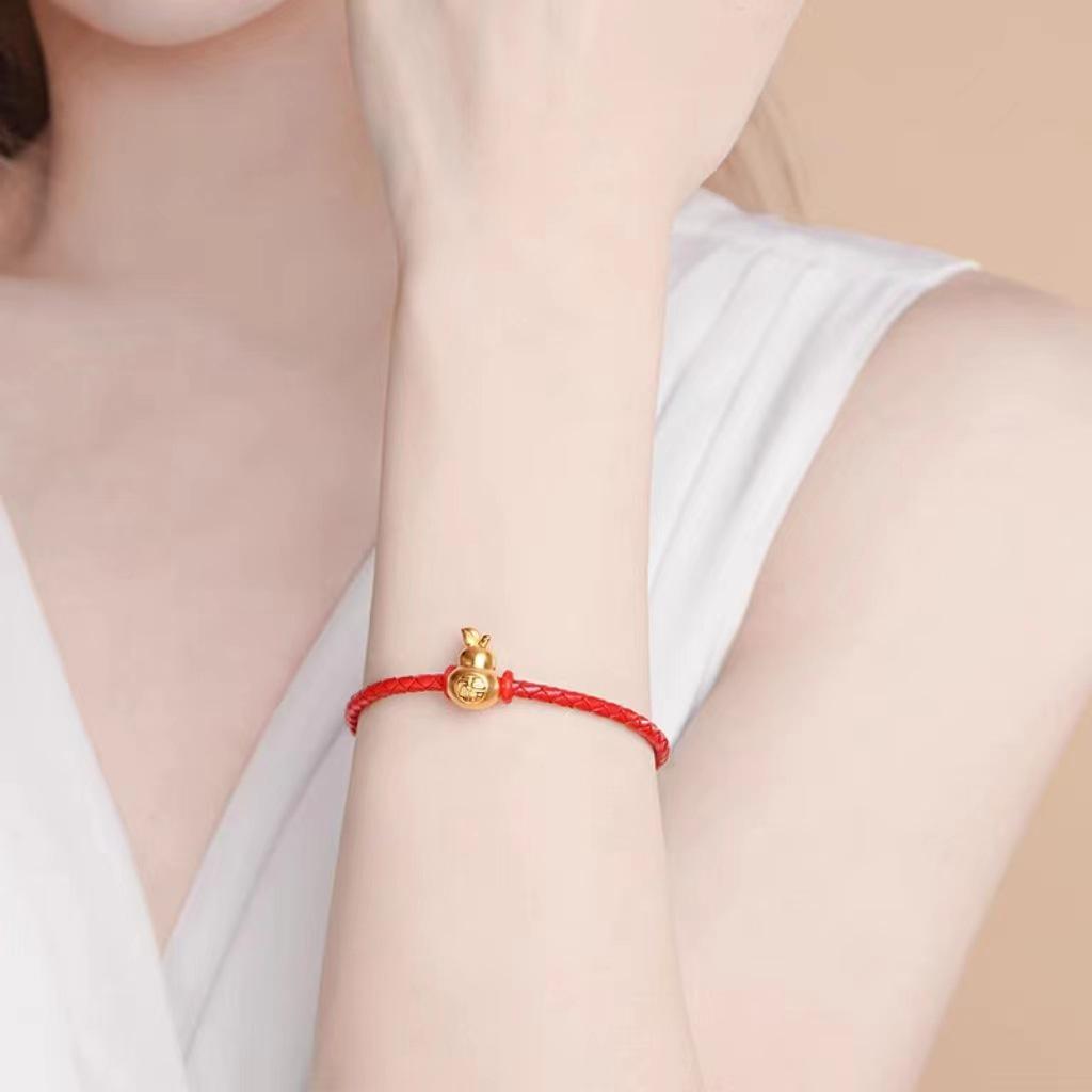 Vietnamese Gold-Plated Gourd Bracelet with Red String and Copper Accents for Couples