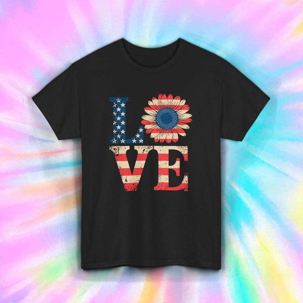 LOVE Shirt Patriotic USA Flag Sunflower America Pride Graphic Tee S-5XL