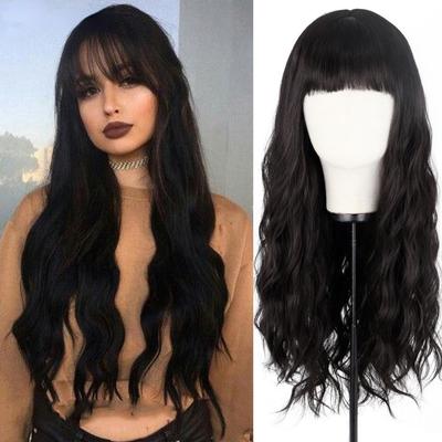 Lange, gewellte, schwarze Perücke mit Pony, blond, braun, wassergewellt, synthetische, hitzebeständige Faserperücke für Damen, für den Alltag