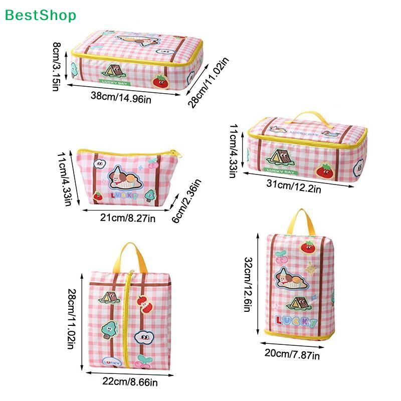 Cute Pink Gingham Travel Storage Bag Set – Cartoon Pattern Toiletry & Cosmetic Organizers