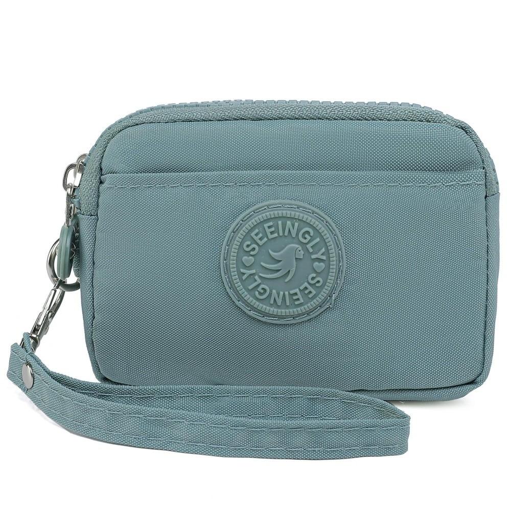 Portable Solid Color Women Wallet with Lanyard Waterproof Credit Card Holder Double Layer Nylon Zipper Clutch Ladies