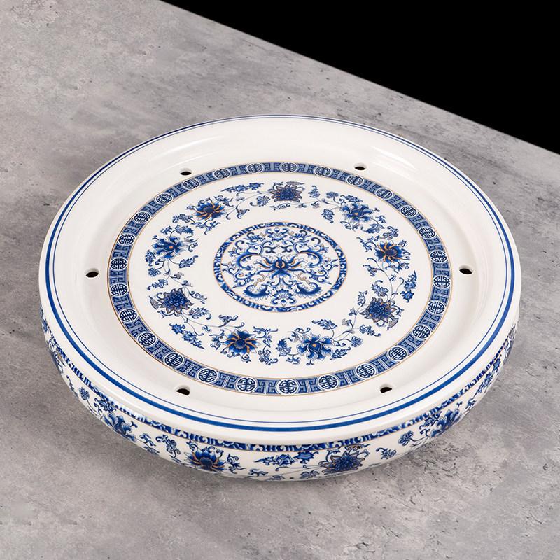 14-inch Ceramic Round Tea Tray for Gongfu Tea, with Double-Layer Water Storage