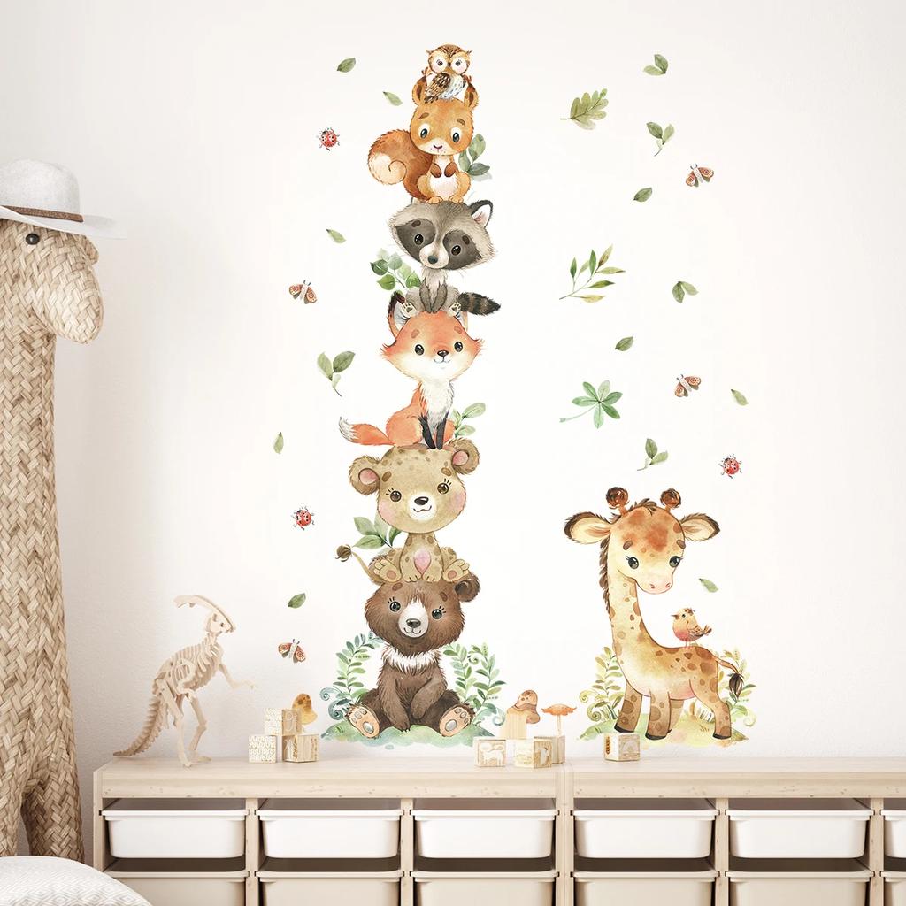 2PCS Cartoon Cute Cute Animals Sitting On The Wall Stickers For Kids Room Kindergarten Bedroom Home Decoration Wall Decor