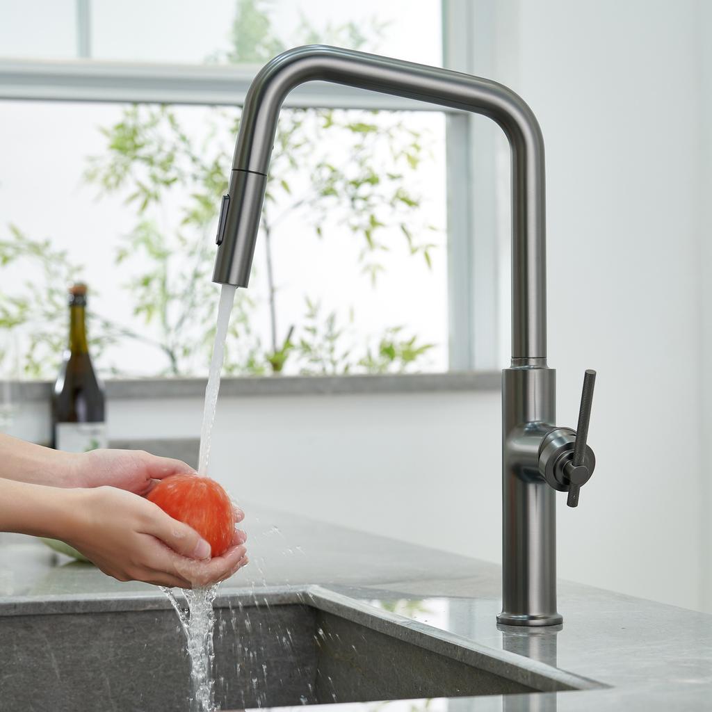 Rose Gold Brushed Brass Pull-out Kitchen Faucet Rotating Crane Extendable Hot Cold Water Grey/Black for Sink