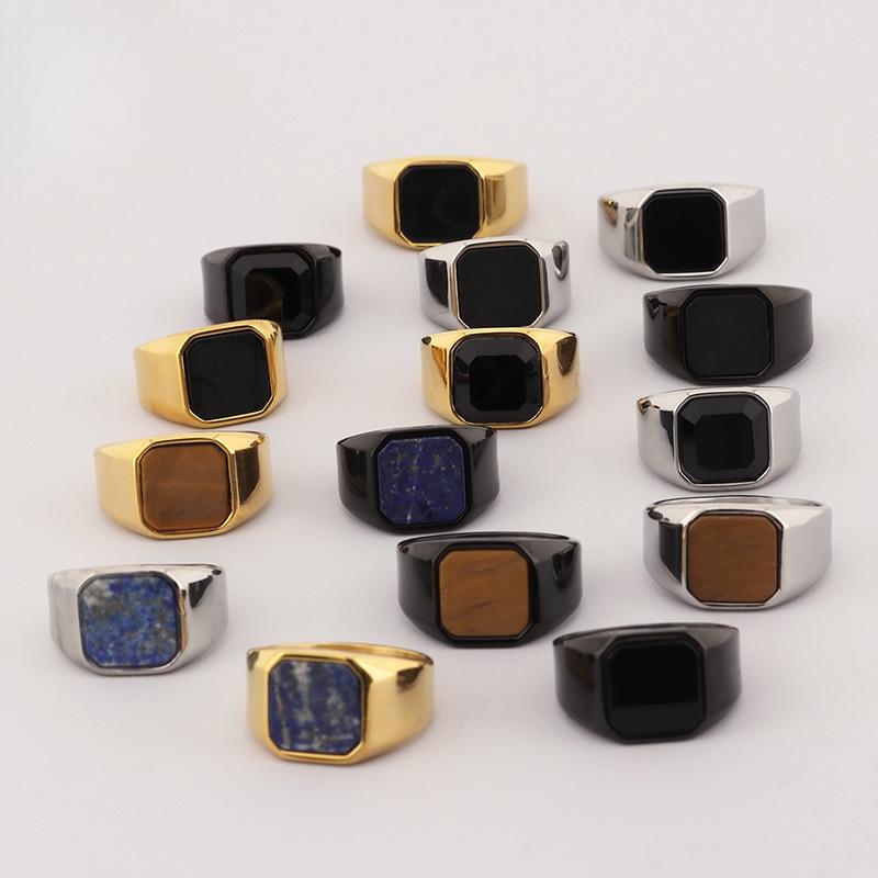 Bold Vintage Amber Stone Men's Ring Black Onyx Stainless Steel Square Hip-Hop Jewelry Gothic Punk Biker Accessory