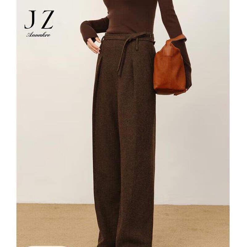 Jiu Zi·Anna Co Women's Pure Wool Belted Wide-Leg Pants