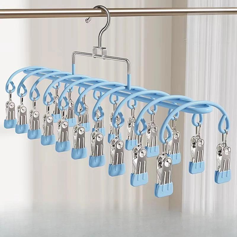 

20 Clips Heavy Duty Stainless Steel Laundry Hanger - Windproof Non-Slip Multi-Clip Drying Rack for Socks, Bras, Underwear синій