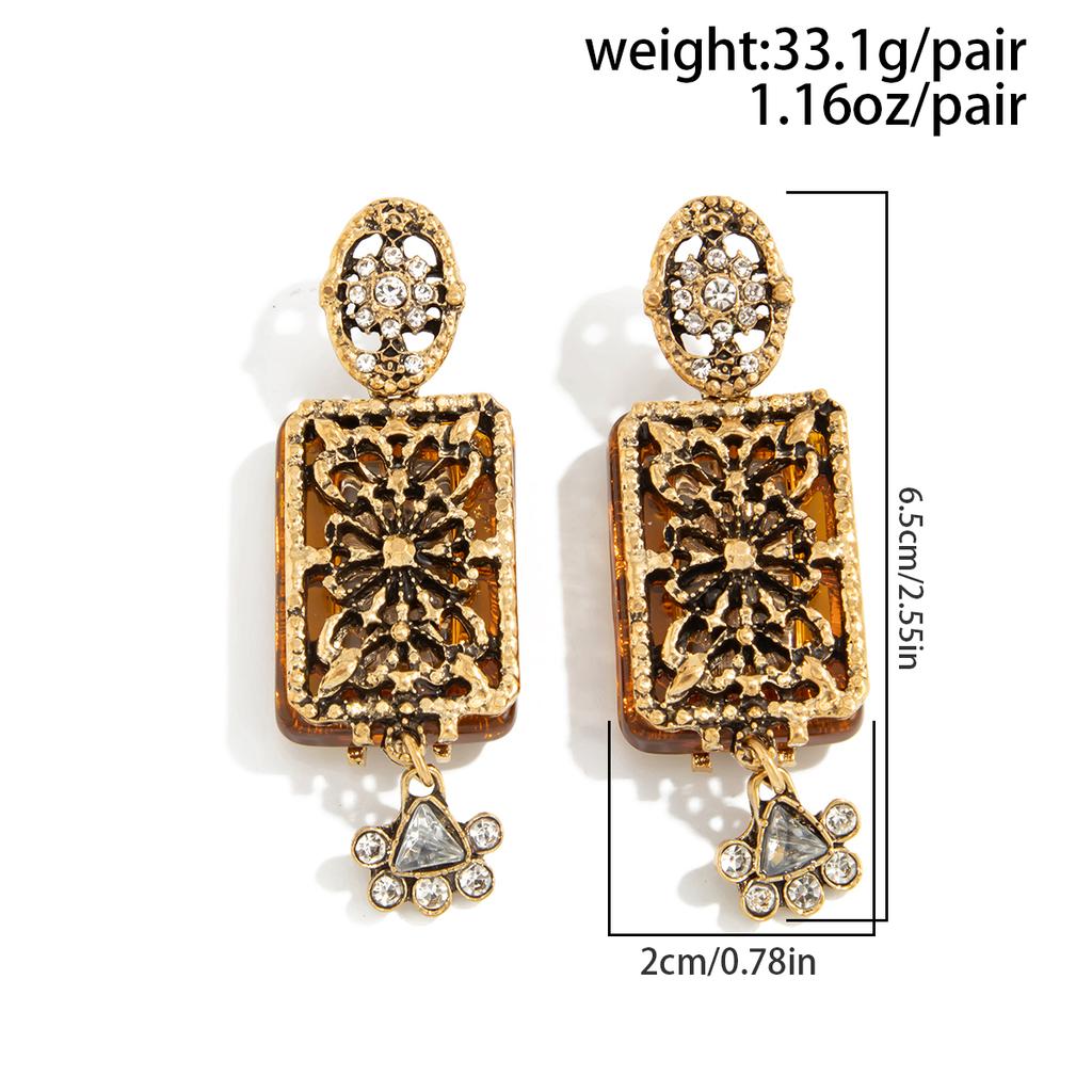 Ingemark Vintage Texture Square Rhinestone Pendant Drop Earrings for Women Elegant Metal Piercing Earrings Party Charm Jewelry