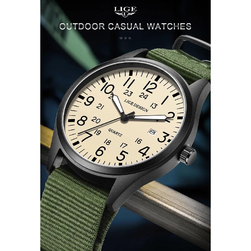 LIGE Top Brand Luxury Men Quartz Watch Nylon Leather Waterproof Luminous Date Sports Military Watches For Men Relogios Masculino
