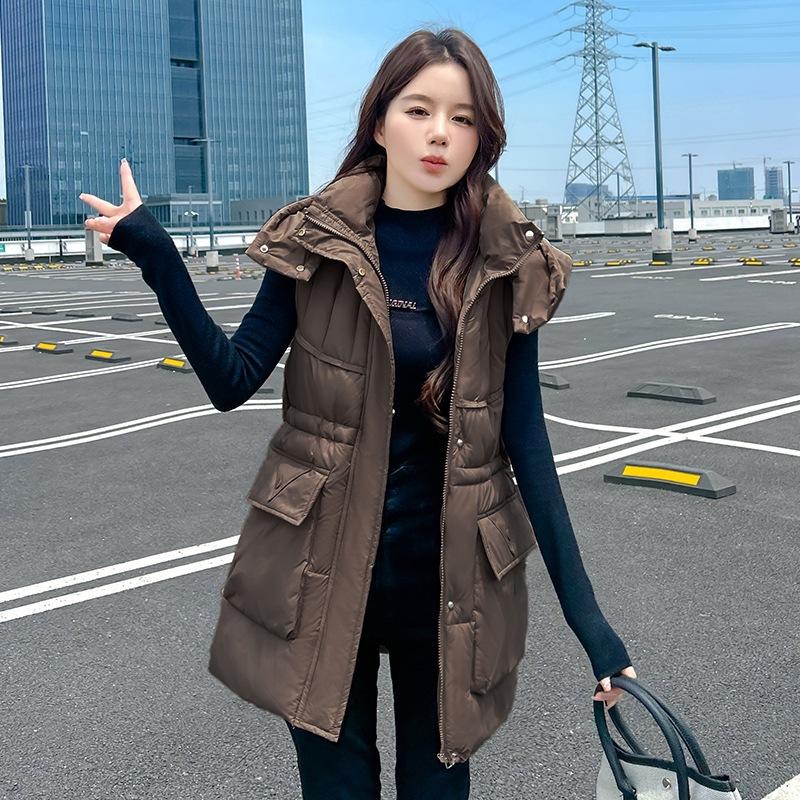 Women's down cotton medium and long cotton vest outer wear cotton vest loose warm waist drawstring vest