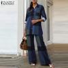 ZANZEA Women Casual Long Sleeve Blouse and Wide Leg Pants Plaid Print Two Piece Sets