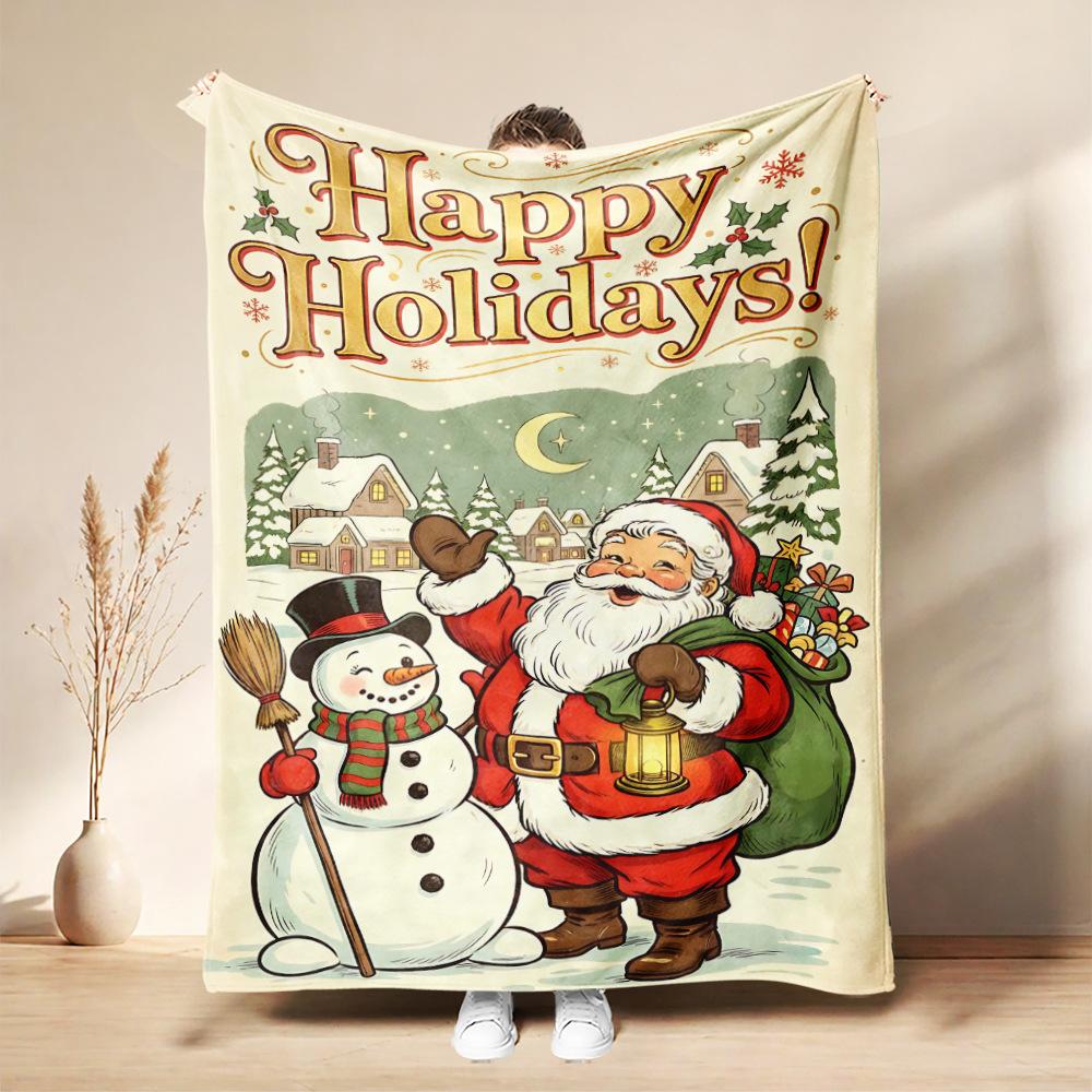 Christmas Flannel Blanket Santa Claus Puppy Soft Milu Deer, Warm Throw Blanket Winter New Year Gift For Kids, Couch Sofa Decor
