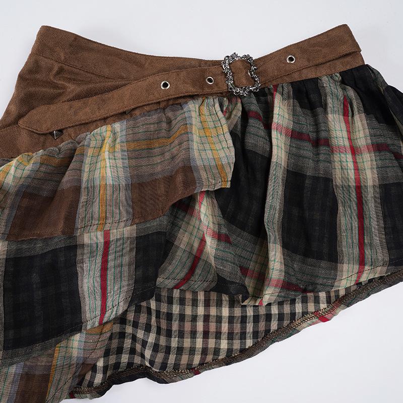 Amerikanischer Streetstyle Karomuster Patchwork Niedrig geschnittener Minirock