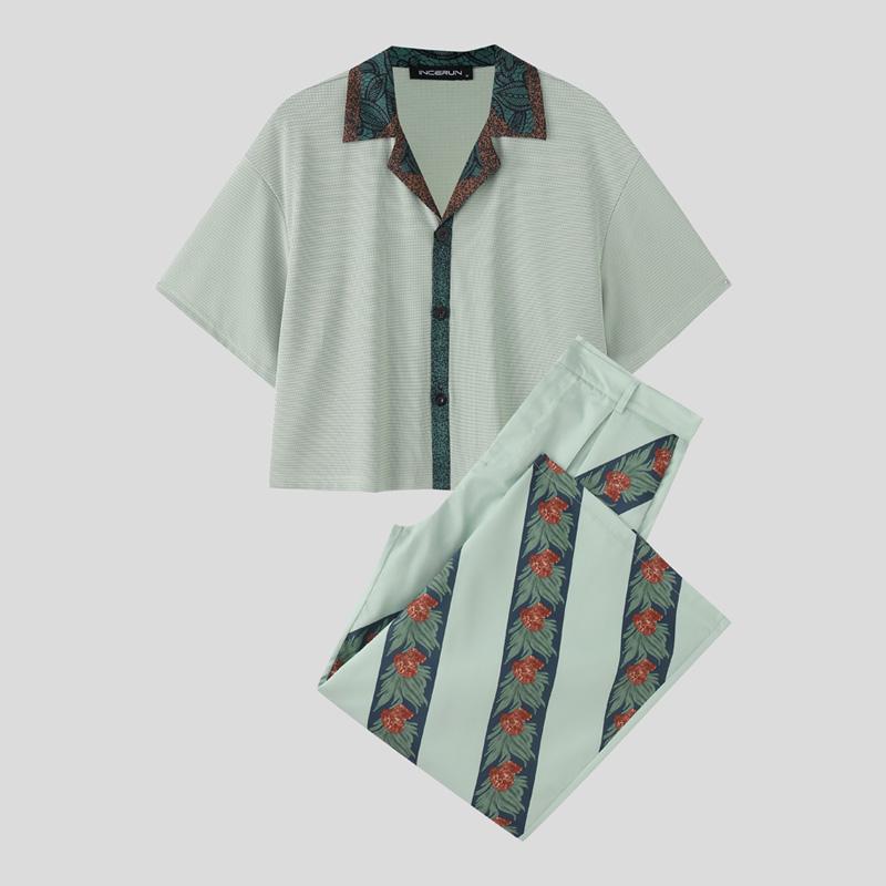 

INCERUN 2 шт Мужской комплект с лацканами, принтом, коротким рукавом, текстурированная укороченная рубашка, длинные прямые брюки, комплекты, наряды S зелёный