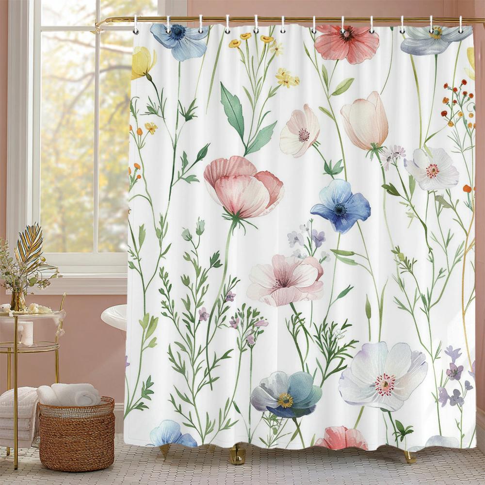 Spring Small fresh Floral , leaves Shower Curtain, Bathroom Decorative Shower Curtain, Waterproof Shower Curtain with Hooks