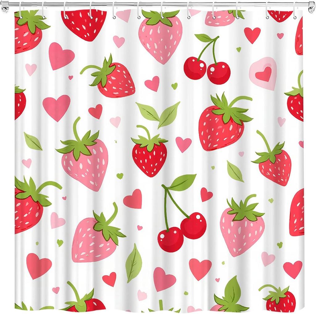 Strawberry Cherry Shower Curtain Tropical Summer Fruit Pink Cute Sweet Fruits Funky Green Leaves Aesthetic Modern Fashion Girls