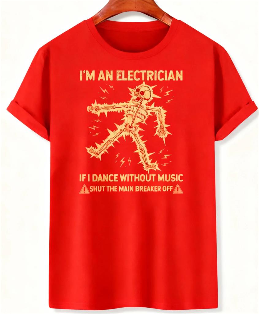 Black Electrician Skeleton Humor T-Shirt ‘Shut The Main Breaker Off’ Graphic Casual Tee for Electric Enthusiasts Trendy Outfits