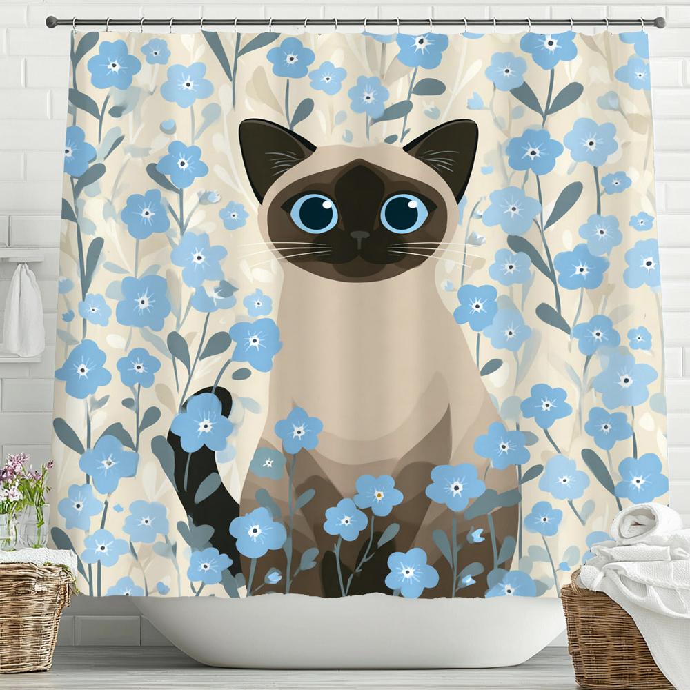 Nordic Minimalist Plant And Cat Shower Curtain, Cartoon Bathroom Decorative Shower Curtain, Waterproof Shower Curtain With Hooks