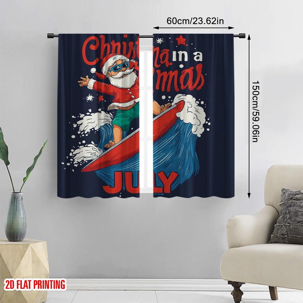 2 Stück, 2D-Flachdruck Kreative Vorhänge Surfender Weihnachtsmann & Rentier Polyestergewebe (ohne Stange) Festlicher Gebrauch für Schlafzimmer, Wohnzimmer