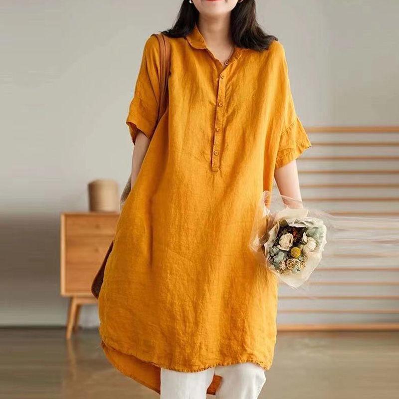 

Summer Solid Color Cotton Linen shirt dress women Loose Casual robe femme polo-neck Short Sleeve Tops M жёлтый