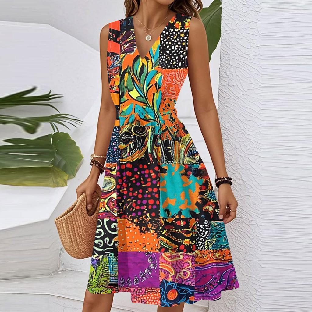 Women's Spring Summer Casual V Neck Sleeveless Waist Floral Print Midi Dress