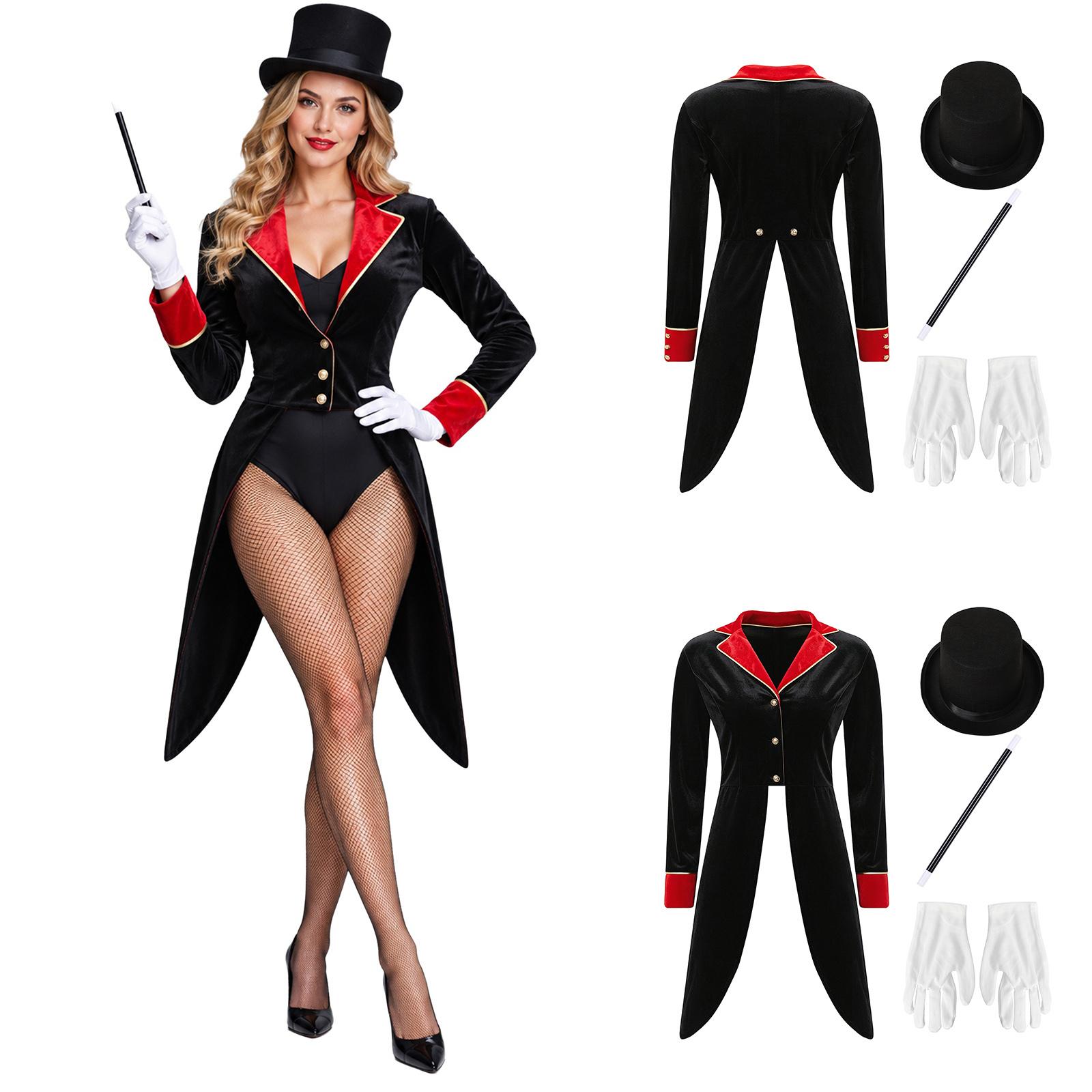 Damen Zirkusdirektor Cosplay Kostüm Color Block Samt Frackjacke Langarm Goldbesatz mit Hut Handschuhen Zauberstab für Magische Bühne L schwarz