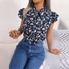Women's Spring Summer Floral Wood Ear Lace Up Bow Tie Chiffon Shirt Blouses
