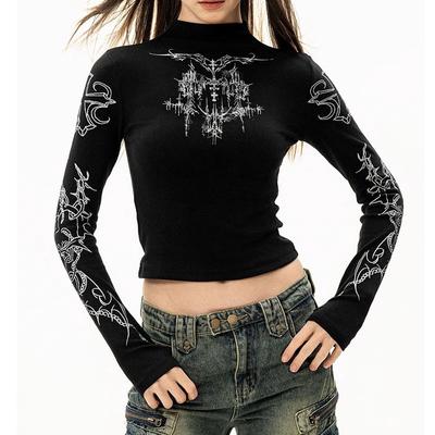 חולצת טי T-shirt לנשים אירופאיות ואמריקאיות, הדפס אבסטרקטי, סגנון פאנק, גזרה צמודה, שרוולים ארוכים
