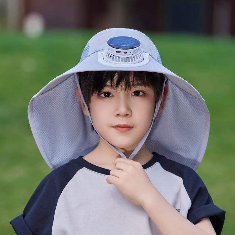 Solar fan hat summer boys and girls sunshade sunscreen hat outdoor outing big brim shawl neck protector bucket hat