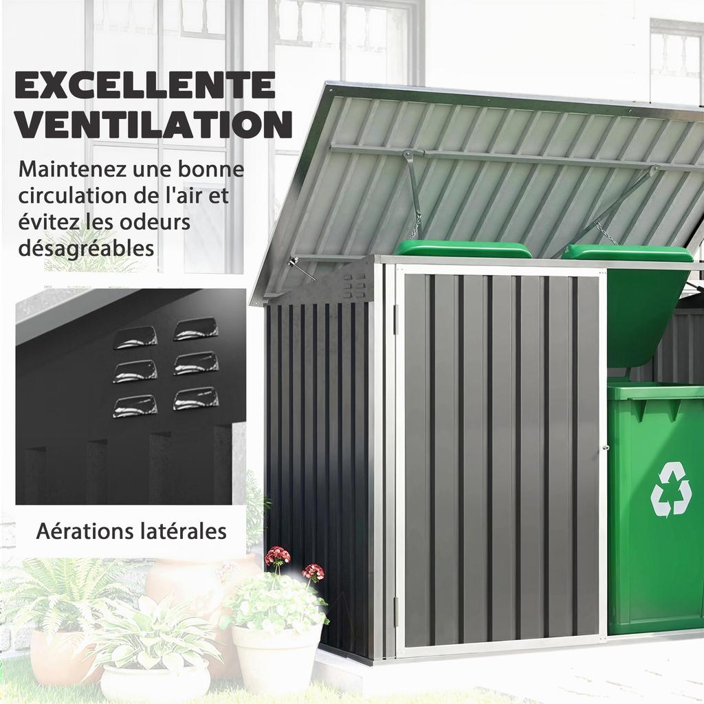 Double Bin Shed, 2 x 240 L Bins, Chain-Linked Lid, Gas Struts, 179.5 x 108 x 129.5 cm, Grey