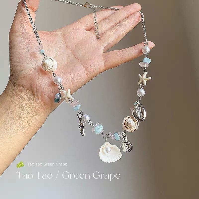Boho Beach Shell Starfish Necklace - Pearl & Aquamarine Beaded Coastal Jewelry for Women
