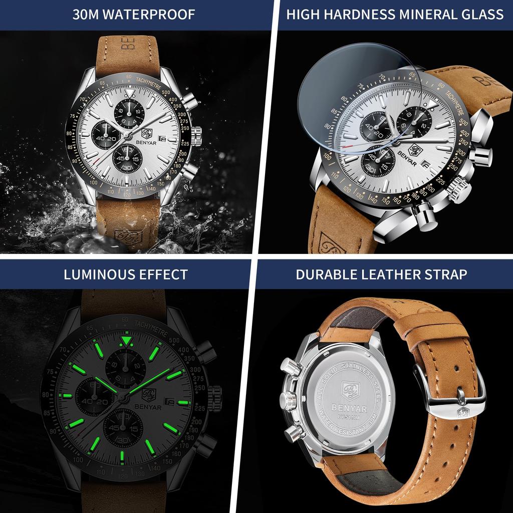 Benyar Men's Chronograph Watch 30M Water-Resistant Business Stylish Leather Band Quartz Brown Silver Gift