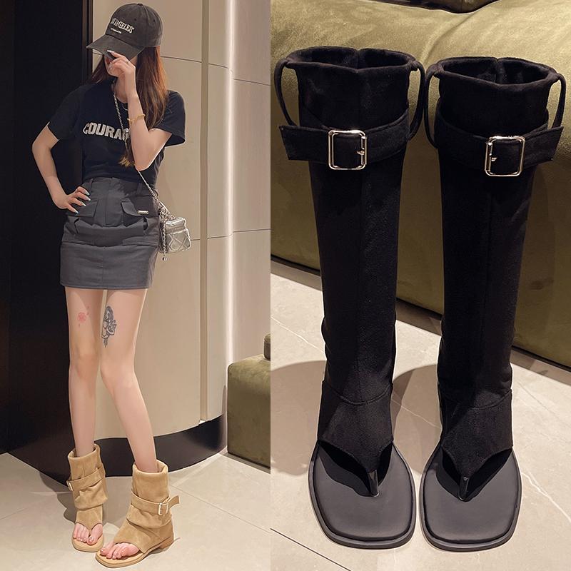 Fashion Square Toe Clip Low Heel Fabric High Tube Cool Boots 2024 New Splicing Sleeve Belt Buckle Low Heel Mid Tube Summer Women's Boots