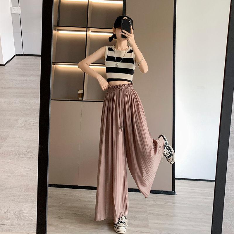 Summer Thin Plus Size HighWaist Relaxed 9/10 Length Chiffon Culottes for Women Draped WideLeg Pants
