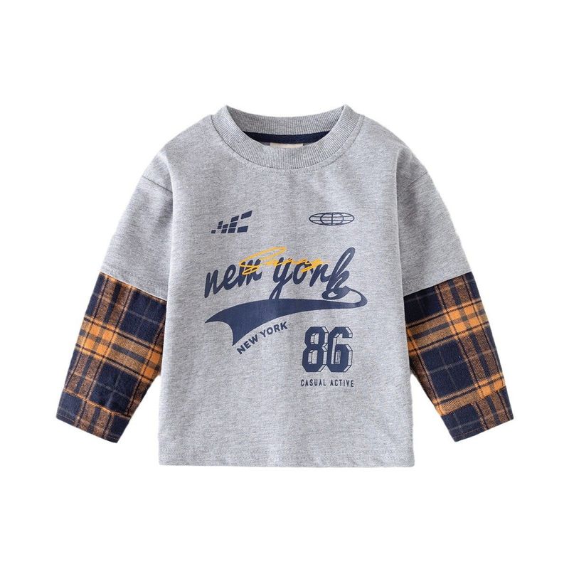 Spring and Autumn Boys' Pure Cotton Fake Two Pieces Long Sleeves T-shirt K-style Children Letters Kids Drop-Shoulder Sleeve Bottoming Shirt