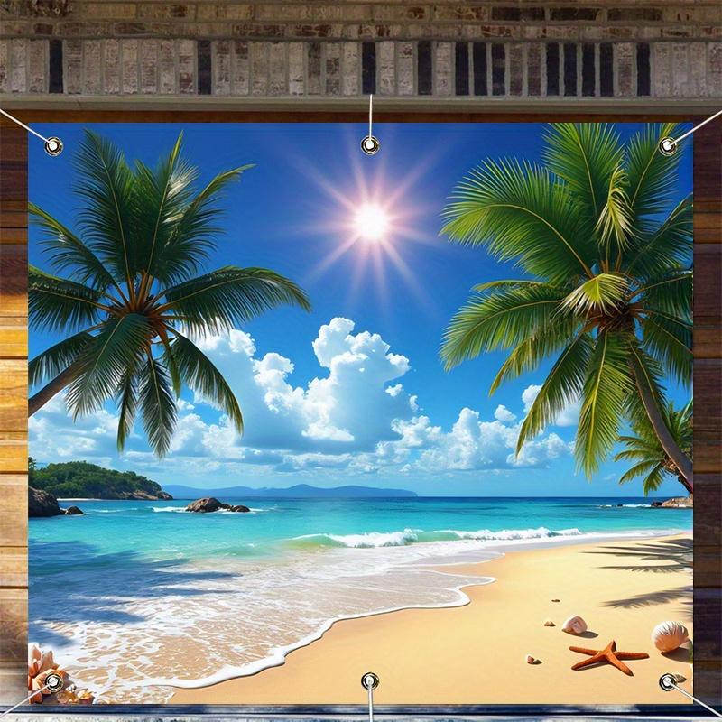 2D Plane Turquoise-colored Ocean Palm Trees and Sandy Beach Indoor and Outdoor Party Decorations Polyester Fiber