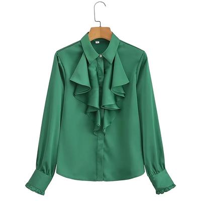 Printemps automne conception à volants chemisier élégant femmes à manches longues revers femme chemise solide femme Satin hauts amples 30442