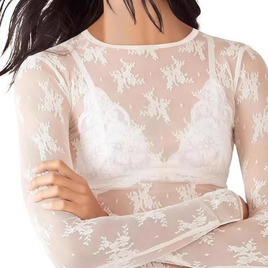 Sexy Oberteile Rundhalsausschnitt Langarm Durchsichtig Stickerei Spitze Blumenmuster Pullover Oberteile Vielseitiges Spitzen-Mesh-Layering-Shirt